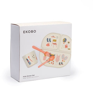 Illustrated Bamboo Kid Dinner Set | Coral
