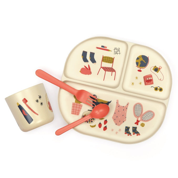 Illustrated Bamboo Kid Dinner Set | Coral