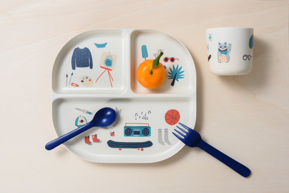 
                
                    Load image into Gallery viewer, Illustrated Bamboo Kid Dinner Set | Royal Blue
                
            