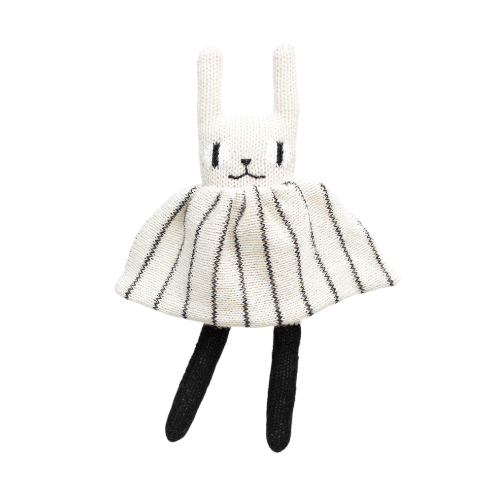 
                
                    Load image into Gallery viewer, Rabbit Knitted Soft Toy in Black and White Striped Dress
                
            