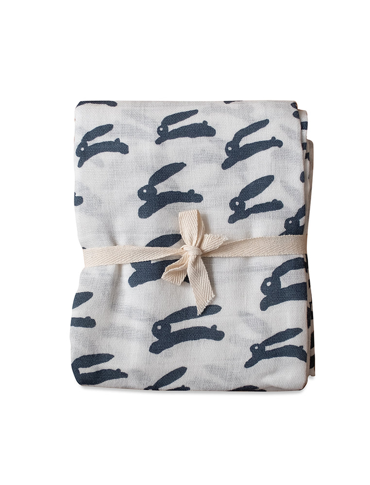 
                
                    Load image into Gallery viewer, 100% Organic Rabbit Muslin Blanket, White/Night Blue by Fine Little Day
                
            