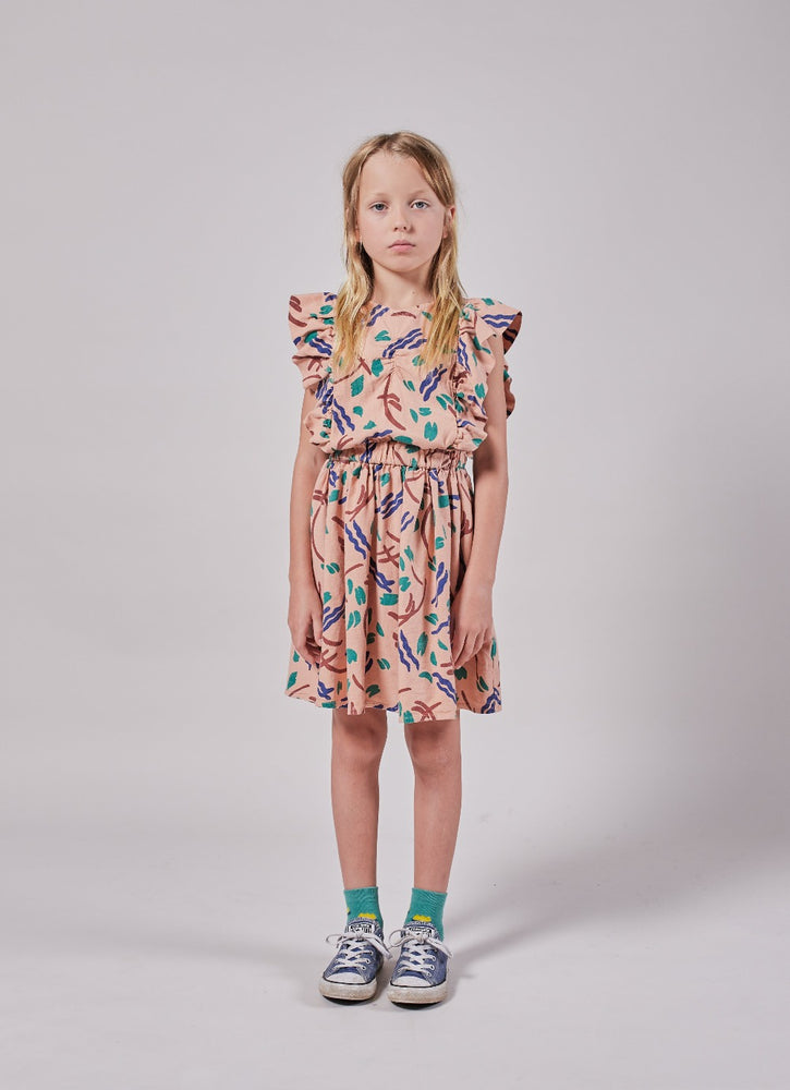 
                
                    Load image into Gallery viewer, Bobo Choses Strokes All Over Ruffle Dress Model Front
                
            