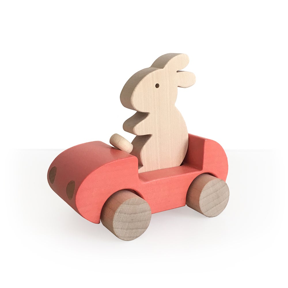 Wooden Bunny Push Toy Car in Coral by Briki Vroom Vroom