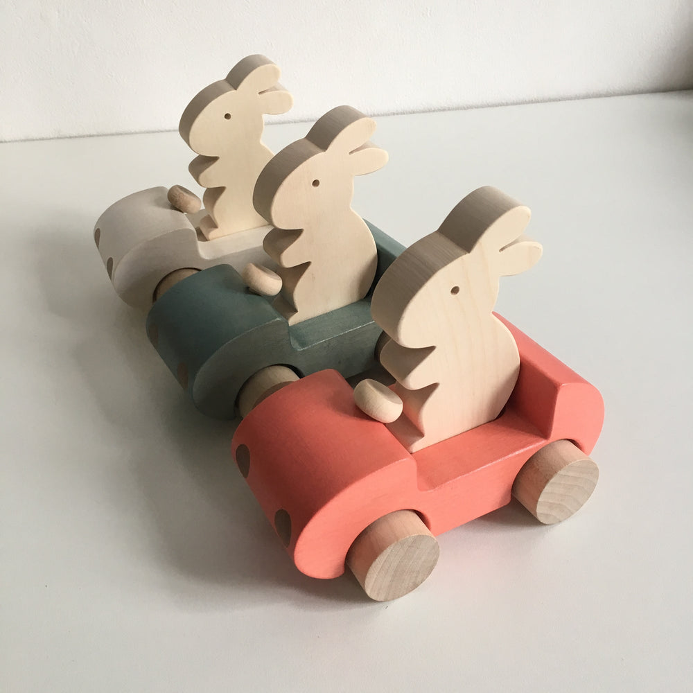 
                
                    Load image into Gallery viewer, Wooden Bunny Push Toy Car in Grey by Briki Vroom Vroom
                
            