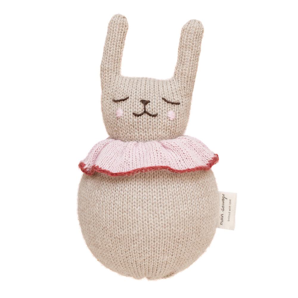 Roly Poly Rabbit Knitted Soft Toy in Beige with Rose Ruff